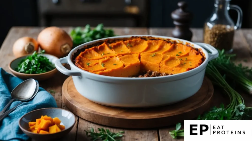 A rustic kitchen scene with a bubbling casserole dish of sweet potato shepherd's pie surrounded by fresh vegetables and herbs