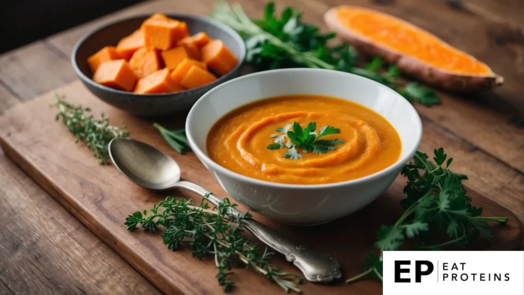 A steaming bowl of sweet potato soup surrounded by fresh herbs and a rustic spoon on a wooden table