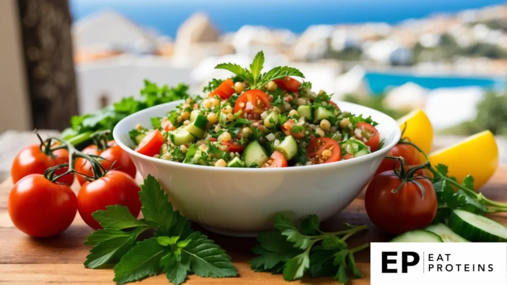 A bowl of vibrant Tabbouleh Salad surrounded by fresh ingredients like tomatoes, cucumbers, parsley, and mint, with a backdrop of Mediterranean scenery