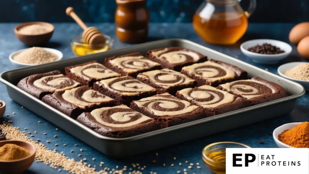 A tray of tahini swirl brownies surrounded by ingredients like sesame seeds, cocoa powder, and honey, with a Mediterranean-inspired backdrop