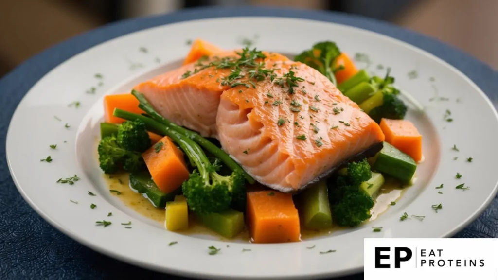 A flaky salmon fillet, surrounded by steamed vegetables and a sprinkle of herbs, sits on a white plate