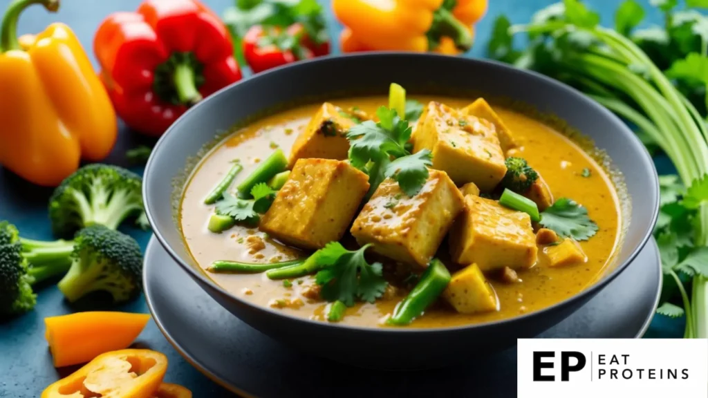 A steaming bowl of Thai curry with tofu surrounded by vibrant ingredients like bell peppers, broccoli, and cilantro