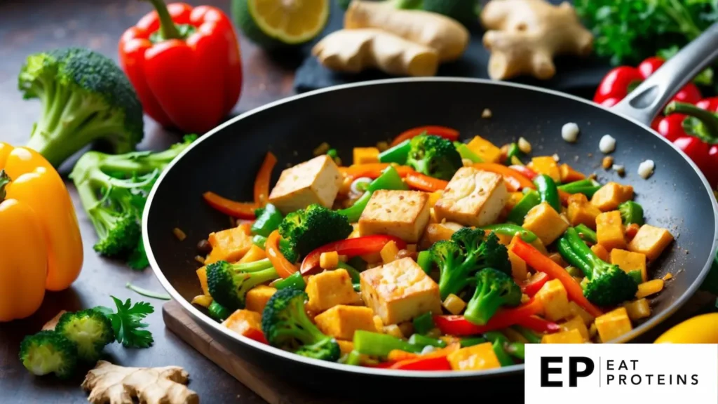 A sizzling pan of colorful stir-fried vegetables and tofu, surrounded by fresh ingredients like bell peppers, broccoli, and ginger