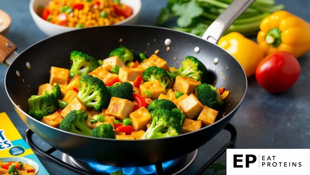 A sizzling wok filled with colorful tofu stir-fry and broccoli, surrounded by vibrant ingredients 