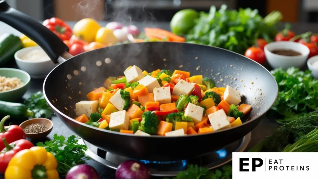 A sizzling wok filled with colorful vegetables and cubes of tofu, surrounded by an array of fresh ingredients and herbs