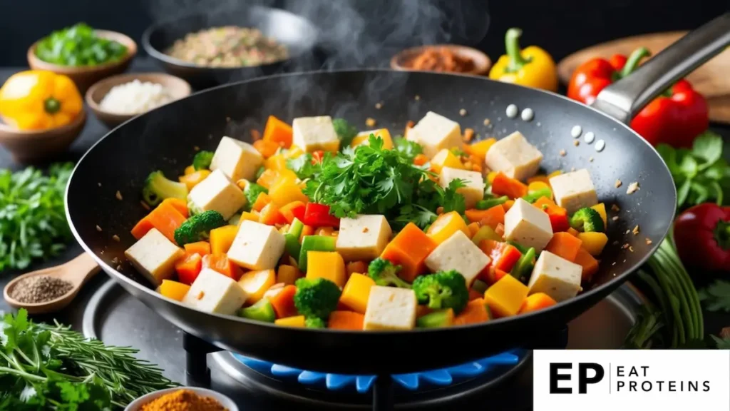 A sizzling wok filled with colorful vegetables and cubes of tofu, surrounded by an array of fresh herbs and spices