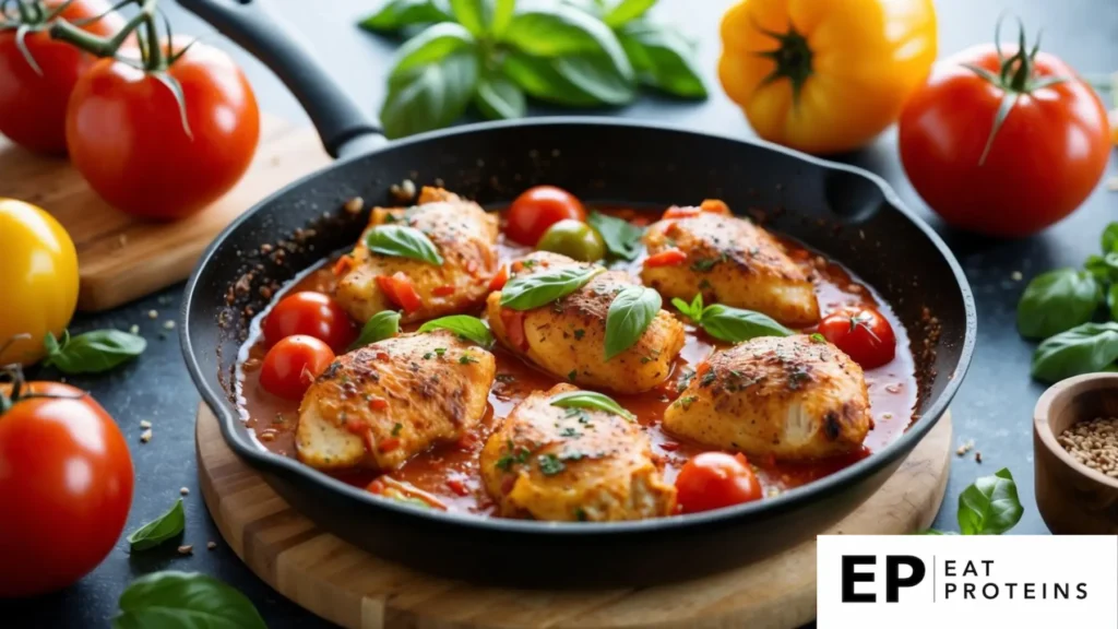 A sizzling skillet of tomato basil chicken surrounded by colorful, fresh ingredients