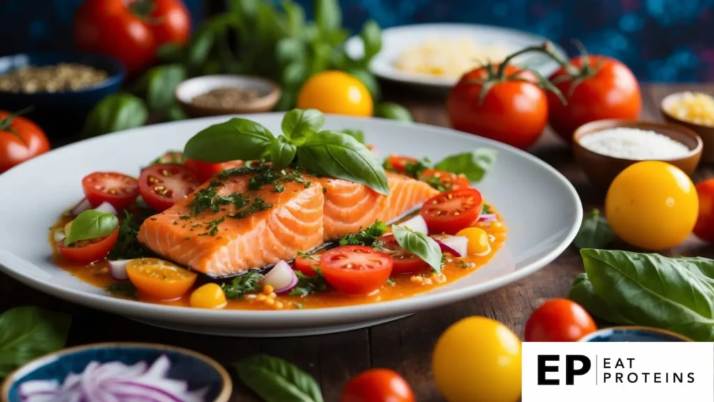 A vibrant plate of Tomato Basil Salmon surrounded by colorful Mediterranean ingredients