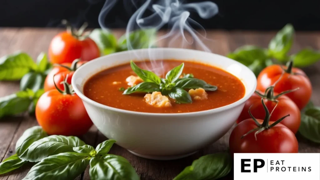 A steaming bowl of tomato basil soup surrounded by fresh basil leaves and ripe tomatoes