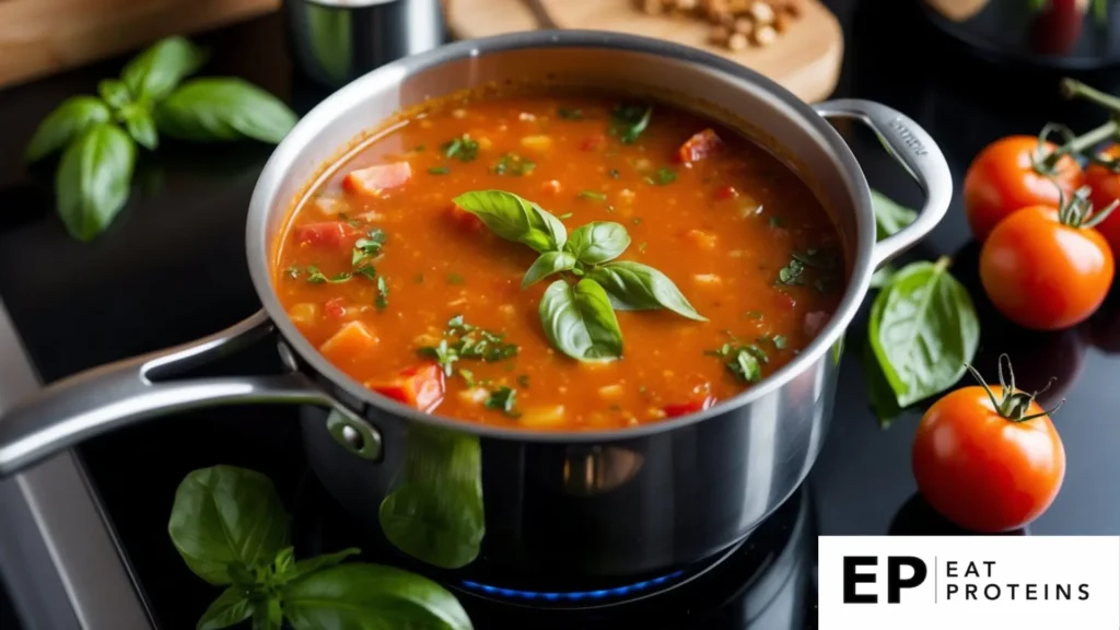 A pot of tomato basil soup simmers on a stovetop, surrounded by fresh tomatoes, basil leaves, and other ingredients