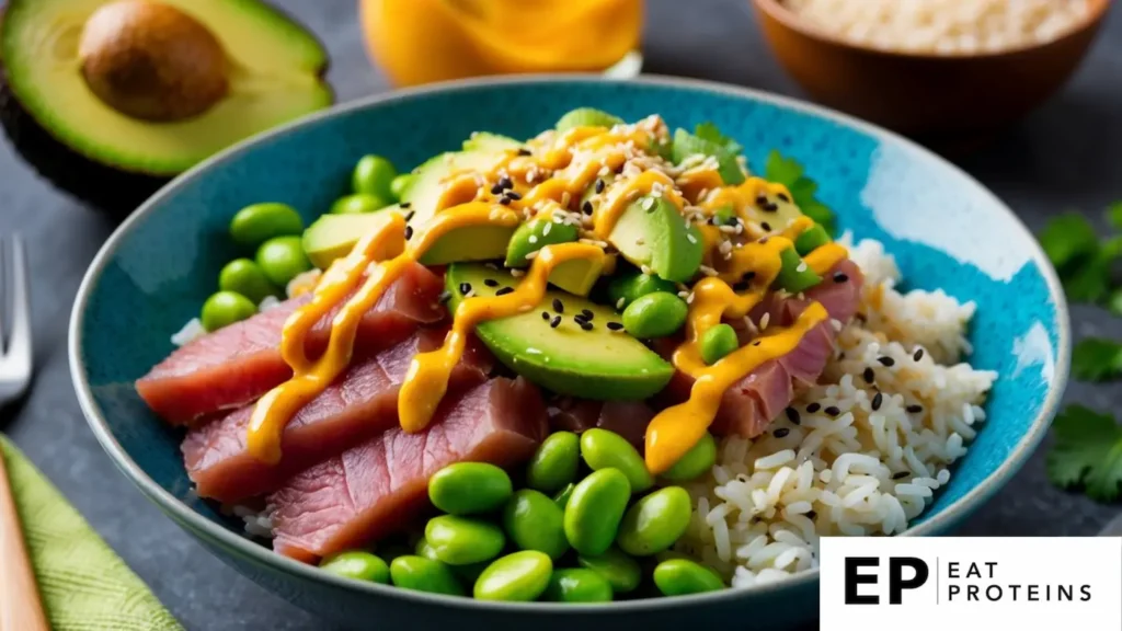 A vibrant bowl filled with colorful layers of fresh tuna, avocado, edamame, and rice, topped with sesame seeds and a drizzle of spicy mayo