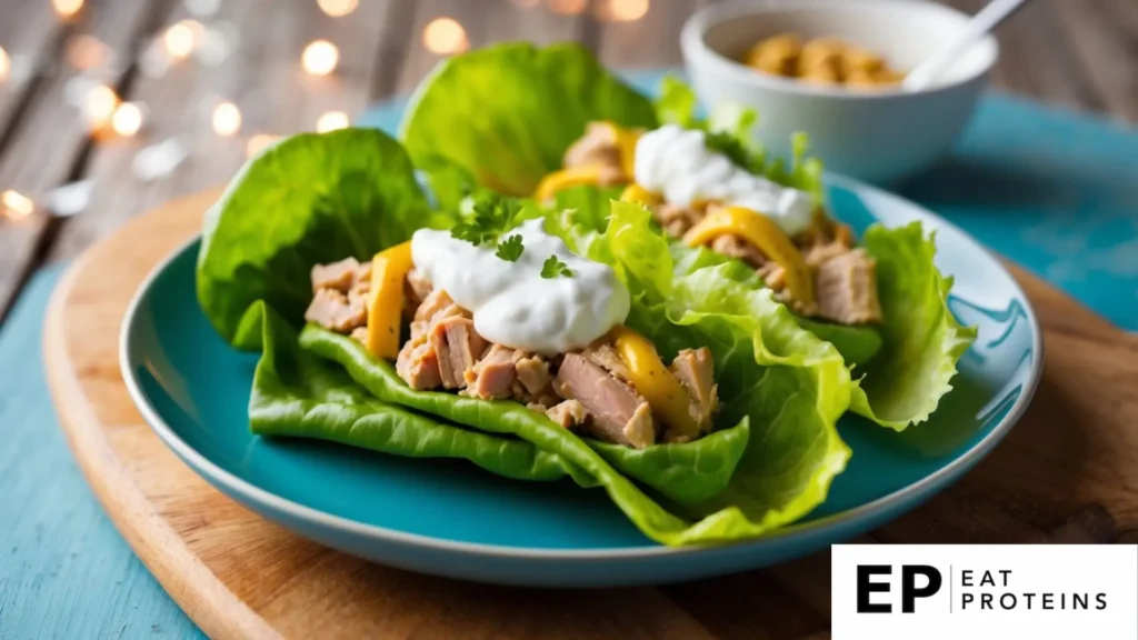 A colorful array of fresh lettuce leaves filled with vibrant tuna salad and arranged on a clean, modern serving platter