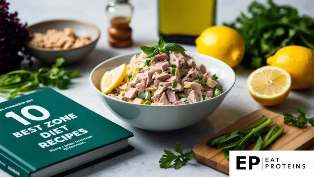 A bowl of tuna salad with olive oil and lemon surrounded by fresh ingredients and a cookbook titled "10 Best Zone Diet Recipes."