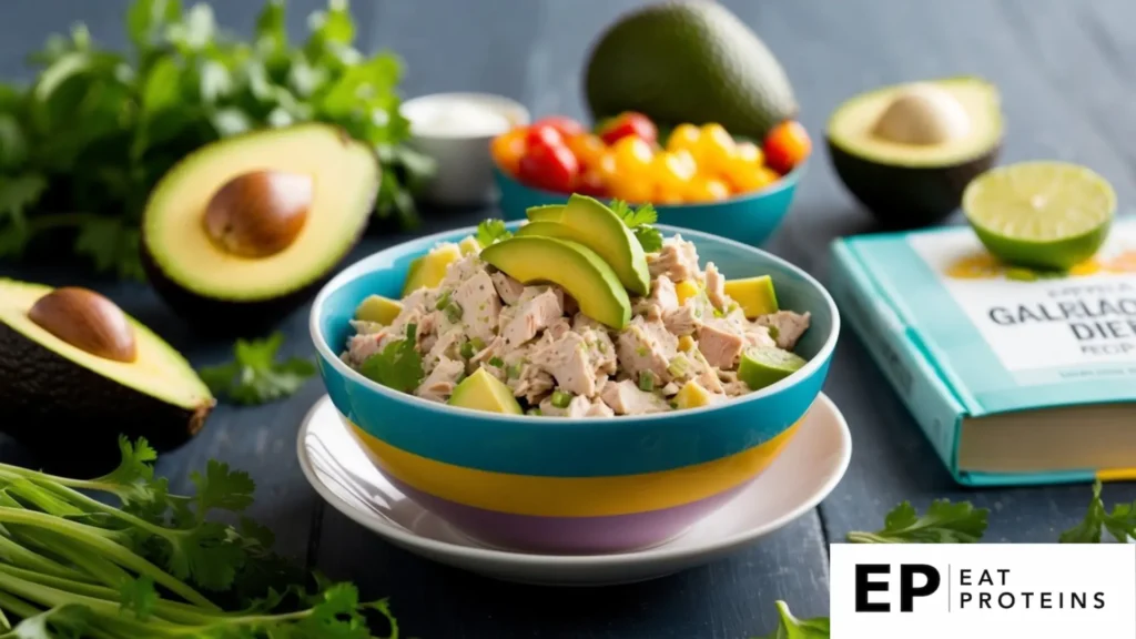 A colorful bowl of tuna salad with avocado, surrounded by fresh ingredients and a gallbladder diet recipe book