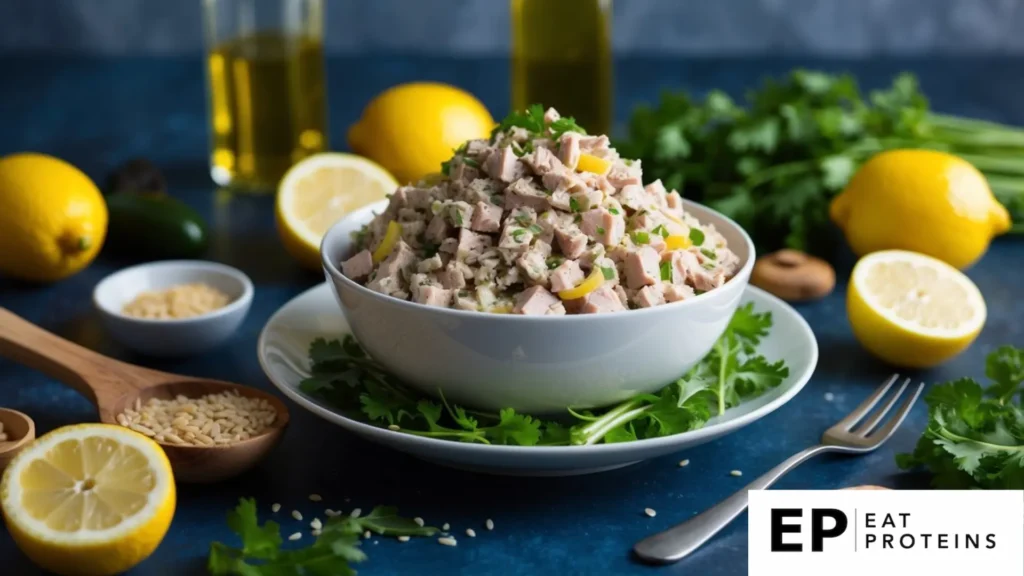 A bowl of tuna salad with olive oil and lemon, surrounded by fresh ingredients and bariatric-friendly recipe ingredients