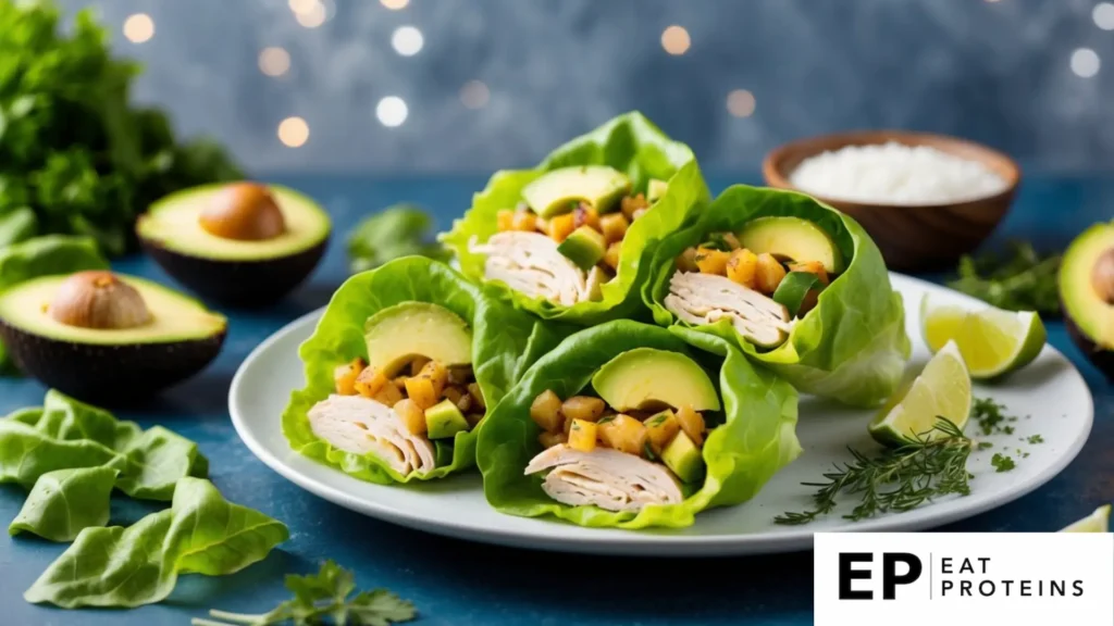 A plate of lettuce wraps filled with turkey and avocado, surrounded by fresh ingredients and herbs