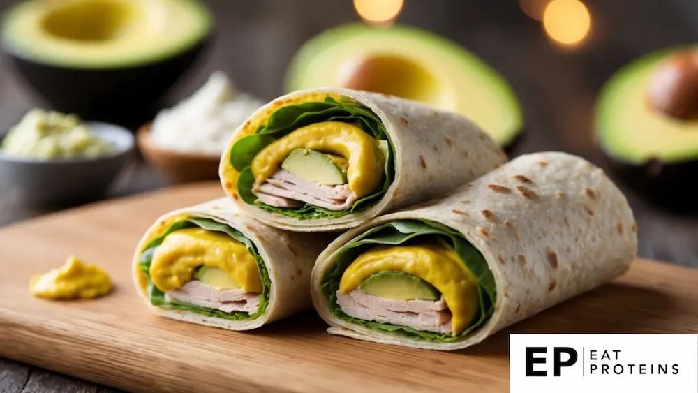 A turkey and avocado wrap surrounded by fresh ingredients and a wooden board