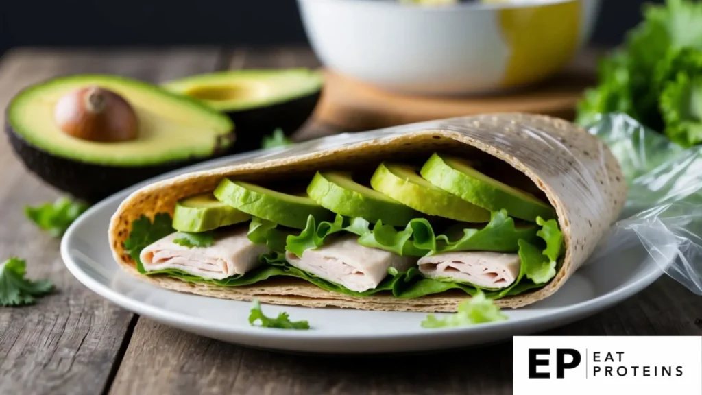 A colorful turkey and avocado wrap surrounded by fresh ingredients on a clean, white plate