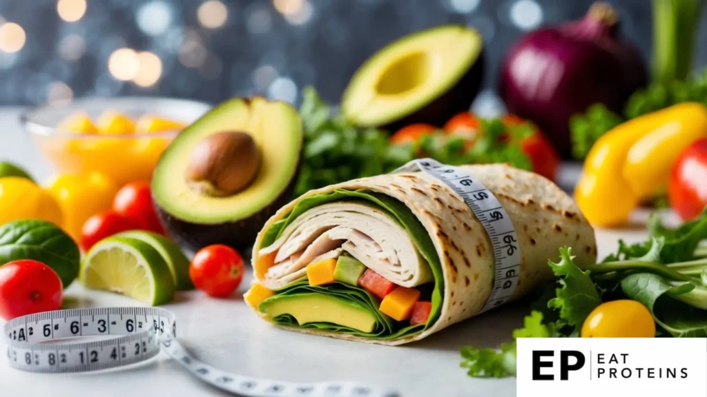 A colorful turkey and avocado wrap surrounded by fresh vegetables and fruits, with a measuring tape nearby