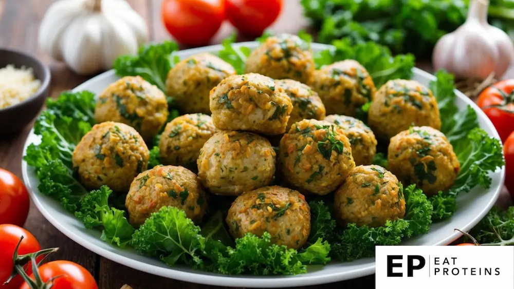 A platter of turkey and kale meatballs surrounded by fresh whole food ingredients like tomatoes, garlic, and herbs