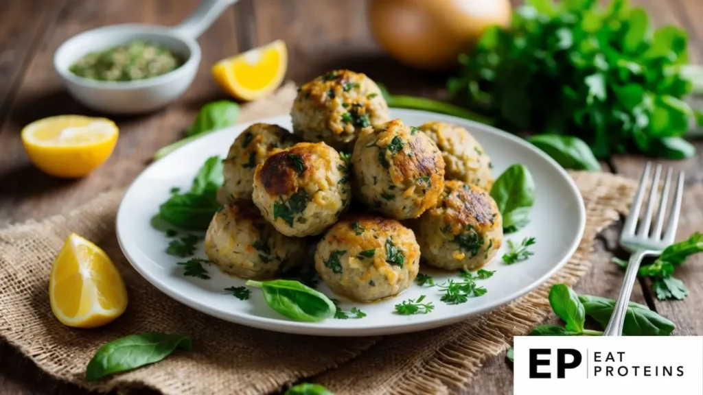 A plate of turkey and spinach meatballs, surrounded by fresh ingredients and herbs, sits on a rustic wooden table