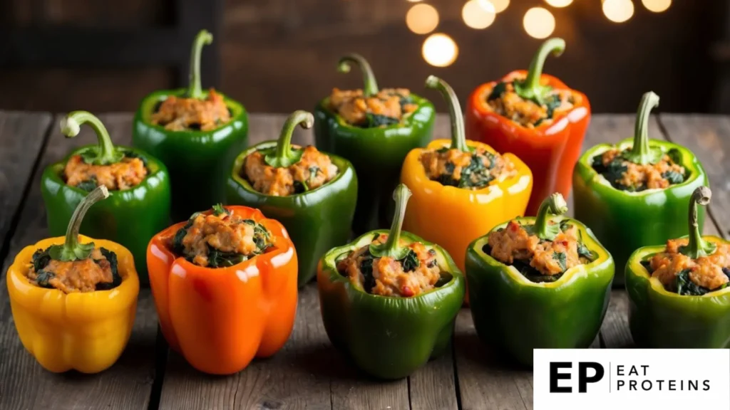 A colorful array of stuffed peppers, filled with a mixture of turkey and spinach, arranged on a rustic wooden table