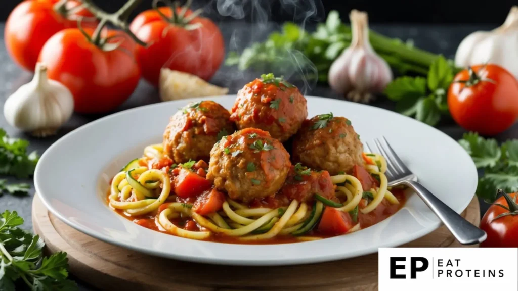 A steaming plate of turkey meatball zoodles in marinara sauce surrounded by fresh ingredients like tomatoes, garlic, and herbs