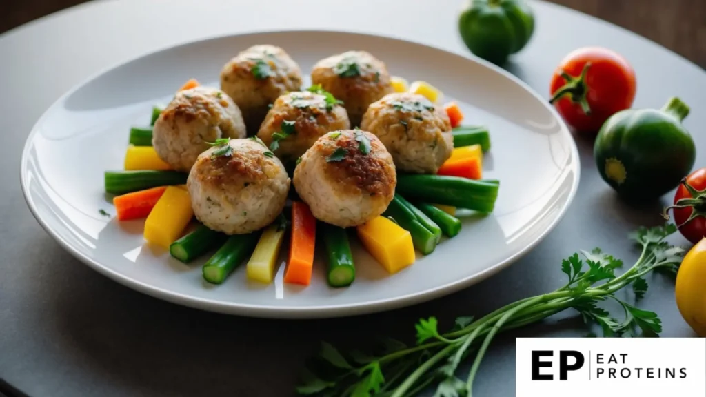 A plate of turkey meatballs surrounded by colorful vegetables on a modern, white serving dish