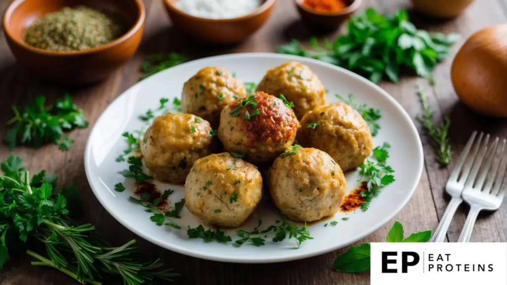 A plate of turkey meatballs surrounded by fresh herbs and spices