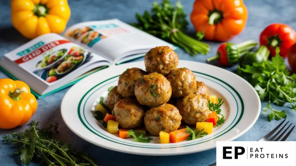 A plate of turkey meatballs surrounded by colorful vegetables and herbs, with a cookbook open to a page titled "12 Best GERD Diet Recipes."