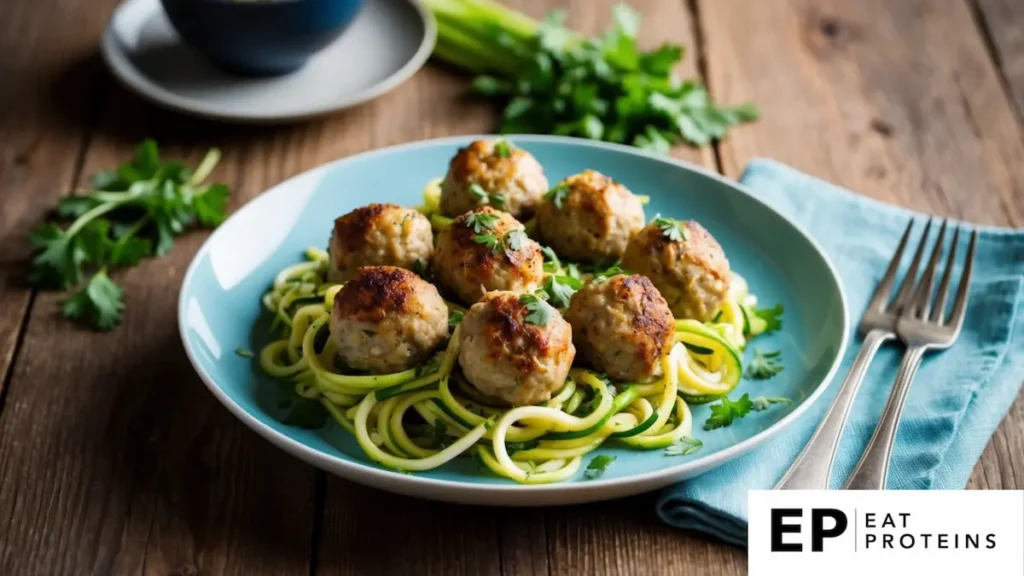 A plate of turkey meatballs with zoodles, garnished with fresh herbs, sits on a rustic wooden table