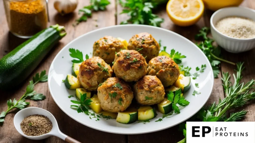 A plate of turkey meatballs and zucchini surrounded by fresh herbs and spices on a rustic wooden table