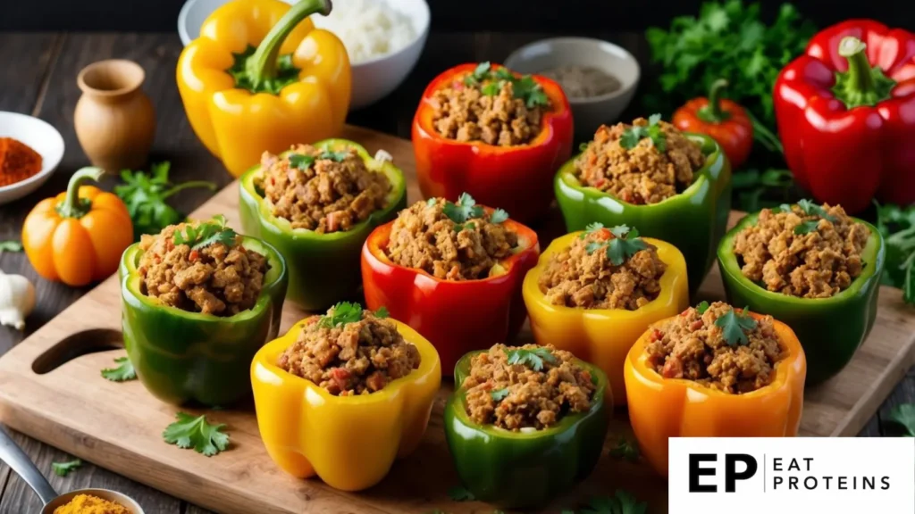 A colorful array of bell peppers stuffed with seasoned ground turkey, surrounded by fresh ingredients and spices on a rustic wooden cutting board