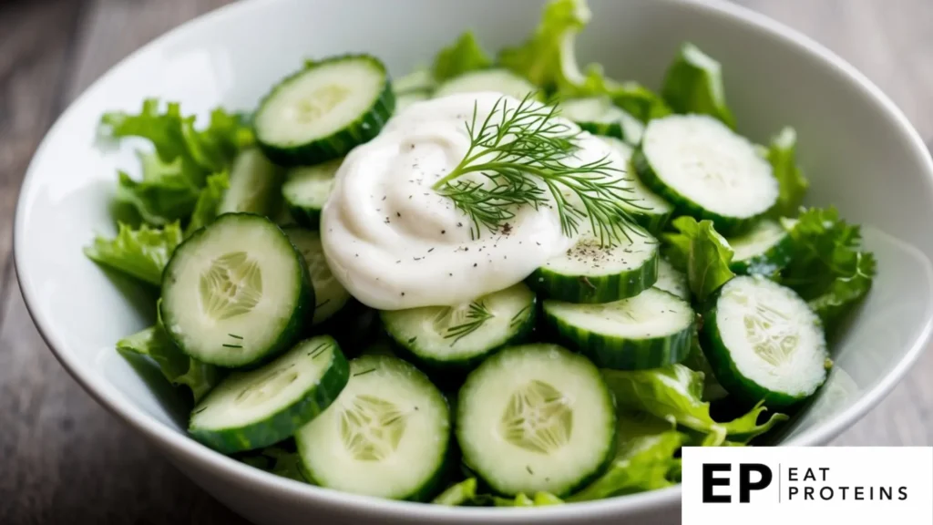 An image of a cucumber salad garnished with fresh dill and a dollop of creamy dressing, which aligns with a Mediterranean-style dish