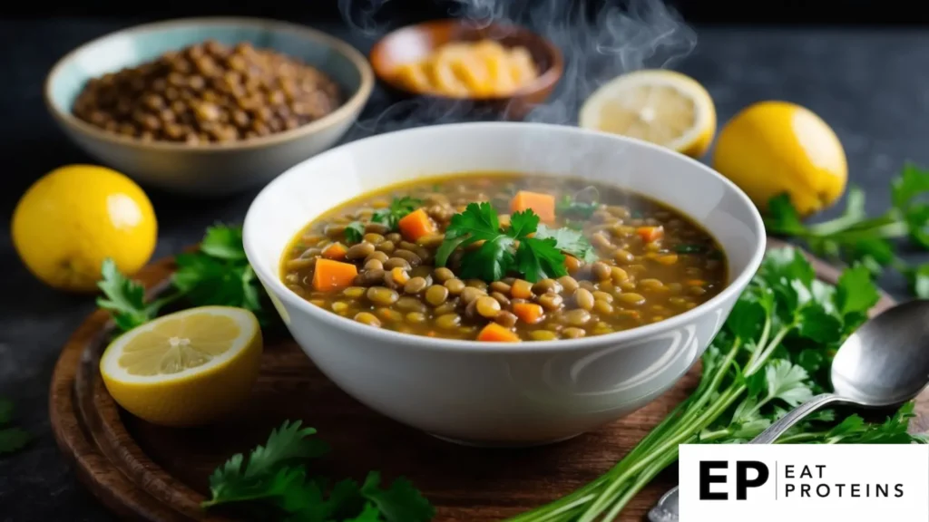 A steaming bowl of Turkish lentil soup surrounded by fresh Mediterranean ingredients