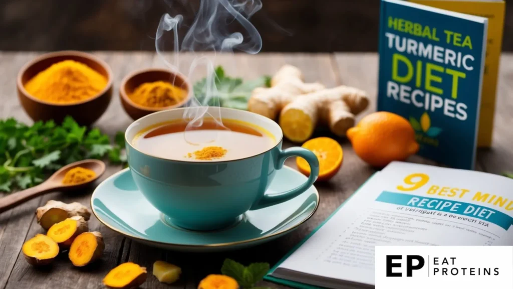 A steaming cup of turmeric and ginger herbal tea surrounded by fresh ingredients and a recipe book open to "9 best mind diet recipes."