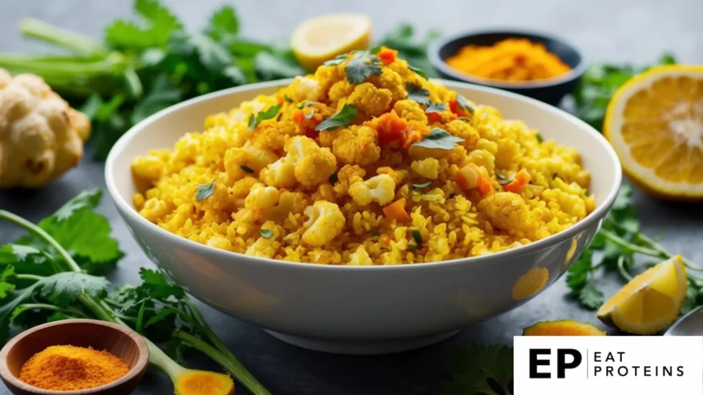 A bowl of turmeric cauliflower rice surrounded by vibrant, fresh ingredients