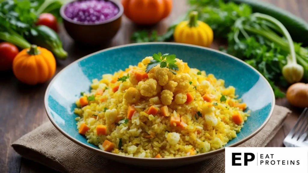 A bowl of turmeric cauliflower rice surrounded by colorful vegetables and herbs on a wooden table