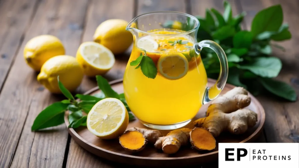 A glass pitcher filled with vibrant yellow turmeric ginger lemonade surrounded by fresh ginger, lemons, and turmeric roots on a wooden table