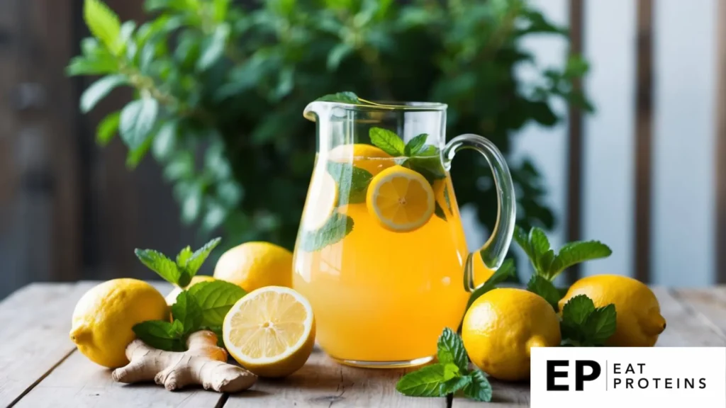 A pitcher of turmeric lemonade surrounded by fresh lemons, ginger, and mint on a wooden table