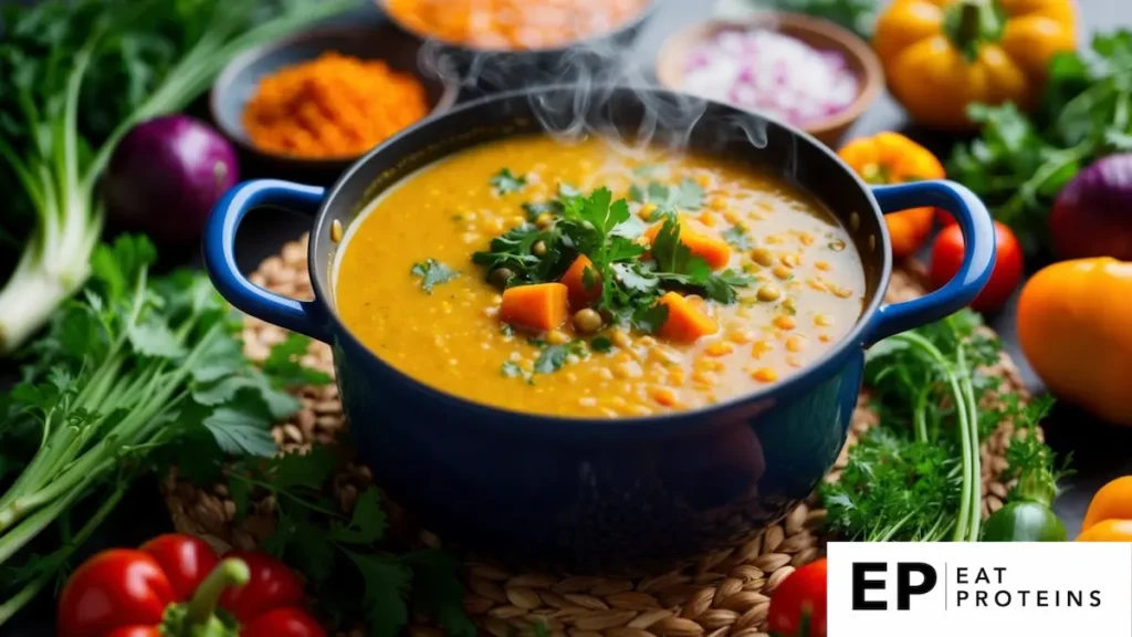 A steaming pot of turmeric lentil soup surrounded by vibrant vegetables and herbs