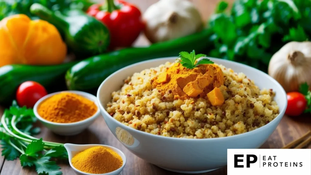 A bowl of turmeric-spiced quinoa surrounded by colorful vegetables and herbs on a wooden table