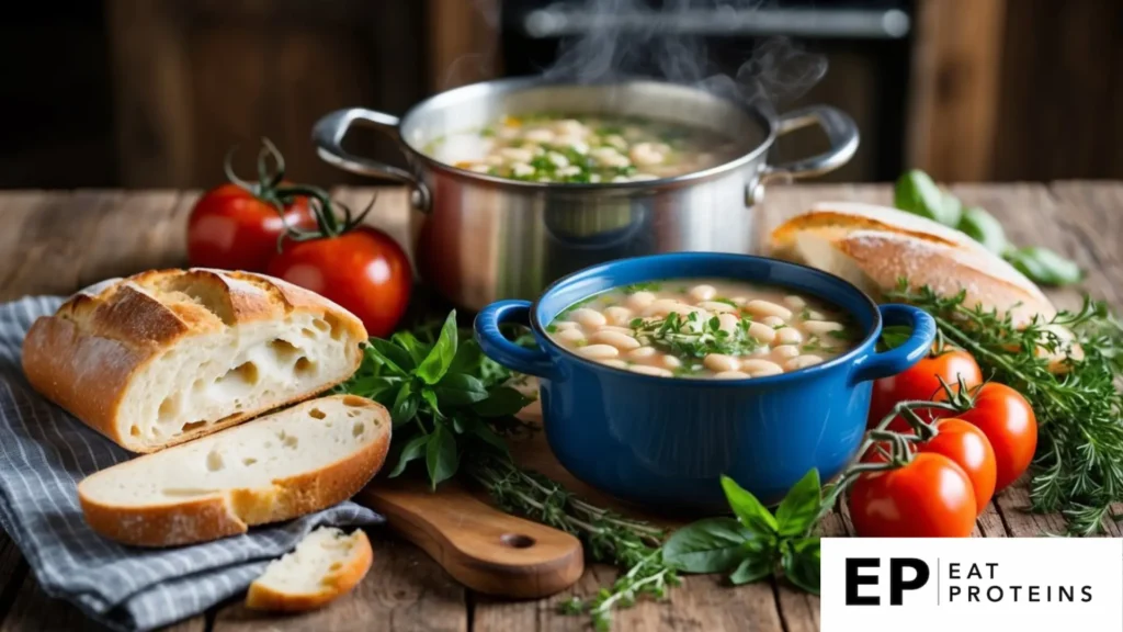 A rustic kitchen with a bubbling pot of Tuscan white bean soup surrounded by fresh herbs, tomatoes, and crusty bread