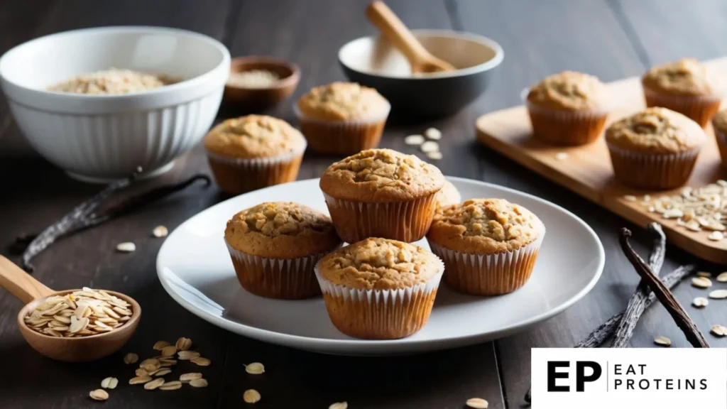 A table with a plate of vanilla oat bran muffins surrounded by ingredients like vanilla pods, oats, and a mixing bowl