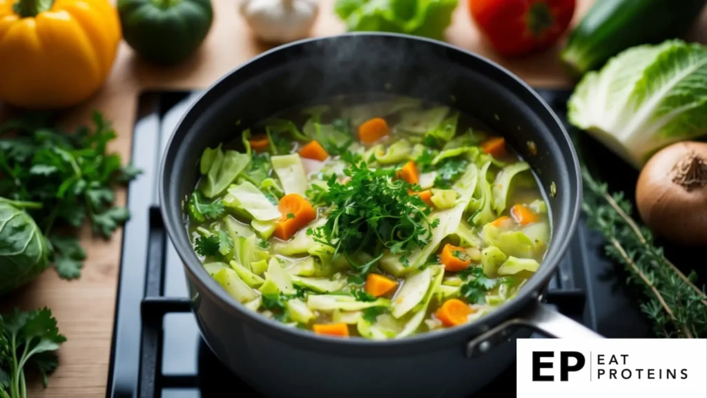 A pot of vegan cabbage soup simmering on a stovetop, surrounded by fresh vegetables and herbs