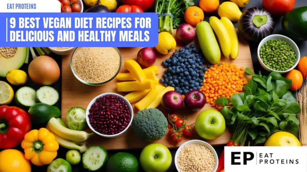 A colorful array of fresh fruits, vegetables, grains, and legumes arranged on a wooden cutting board