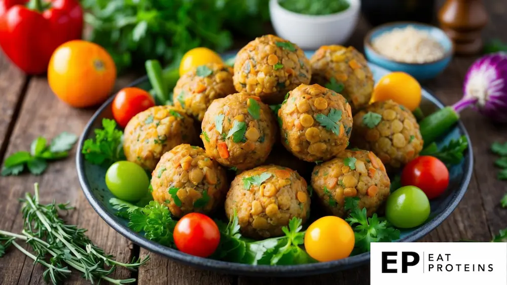 A colorful array of lentil meatballs surrounded by fresh vegetables and herbs on a rustic wooden table