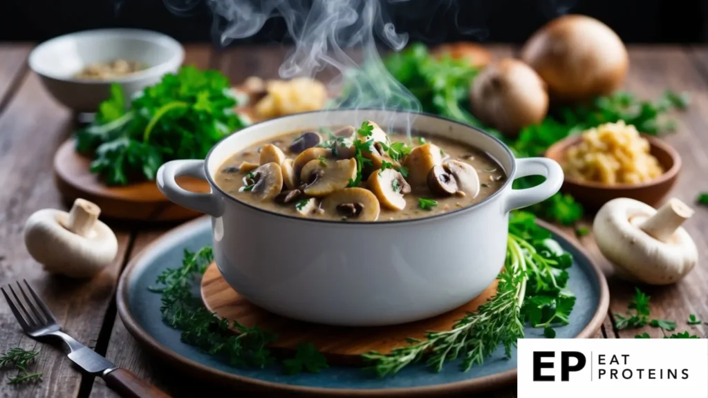 A steaming pot of vegan mushroom stroganoff surrounded by fresh ingredients and herbs on a rustic wooden table