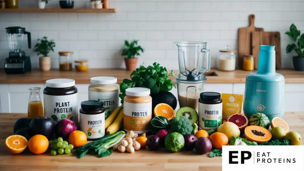 A colorful array of fruits, vegetables, and plant-based protein powders arranged on a kitchen counter, with a blender and various liquid ingredients nearby