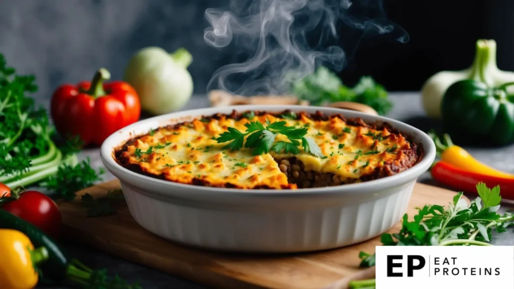 A steaming dish of vegan shepherd's pie surrounded by fresh vegetables and herbs